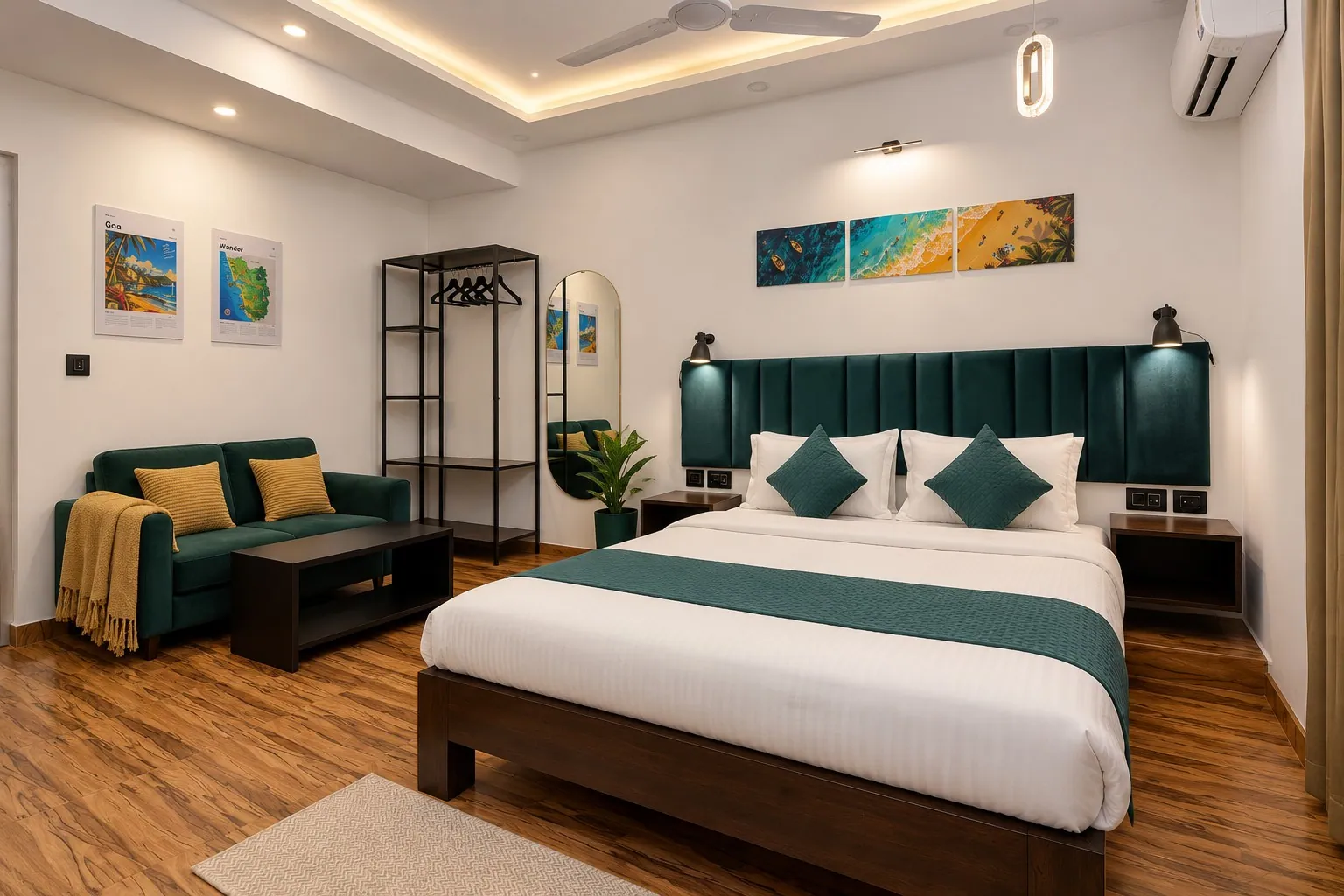 Rivara's studio from the corner: the bed, the green velvet sofa, the open wardrobe and the Goa prints