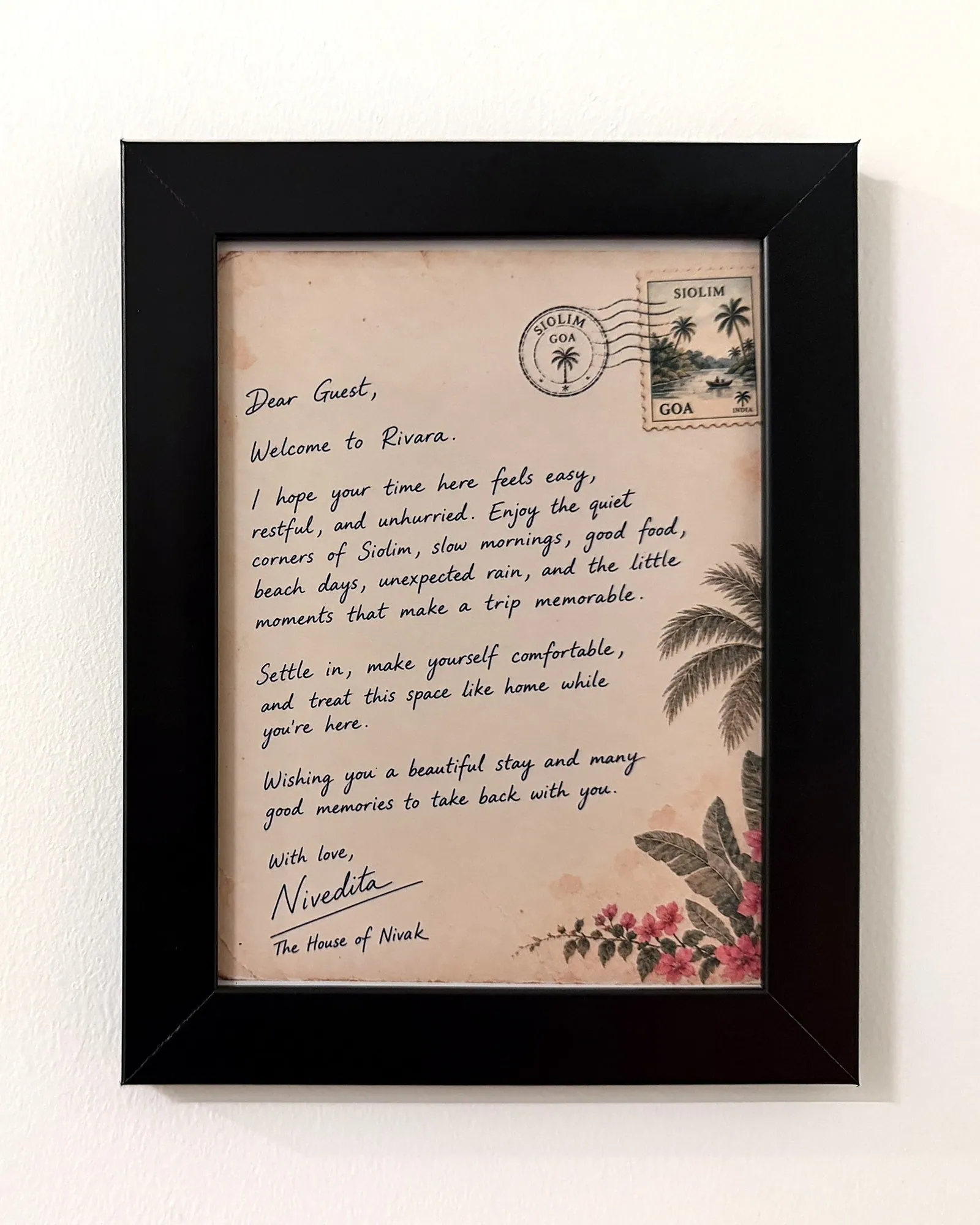 A welcome note from Nivedita, framed in Rivara's hallway