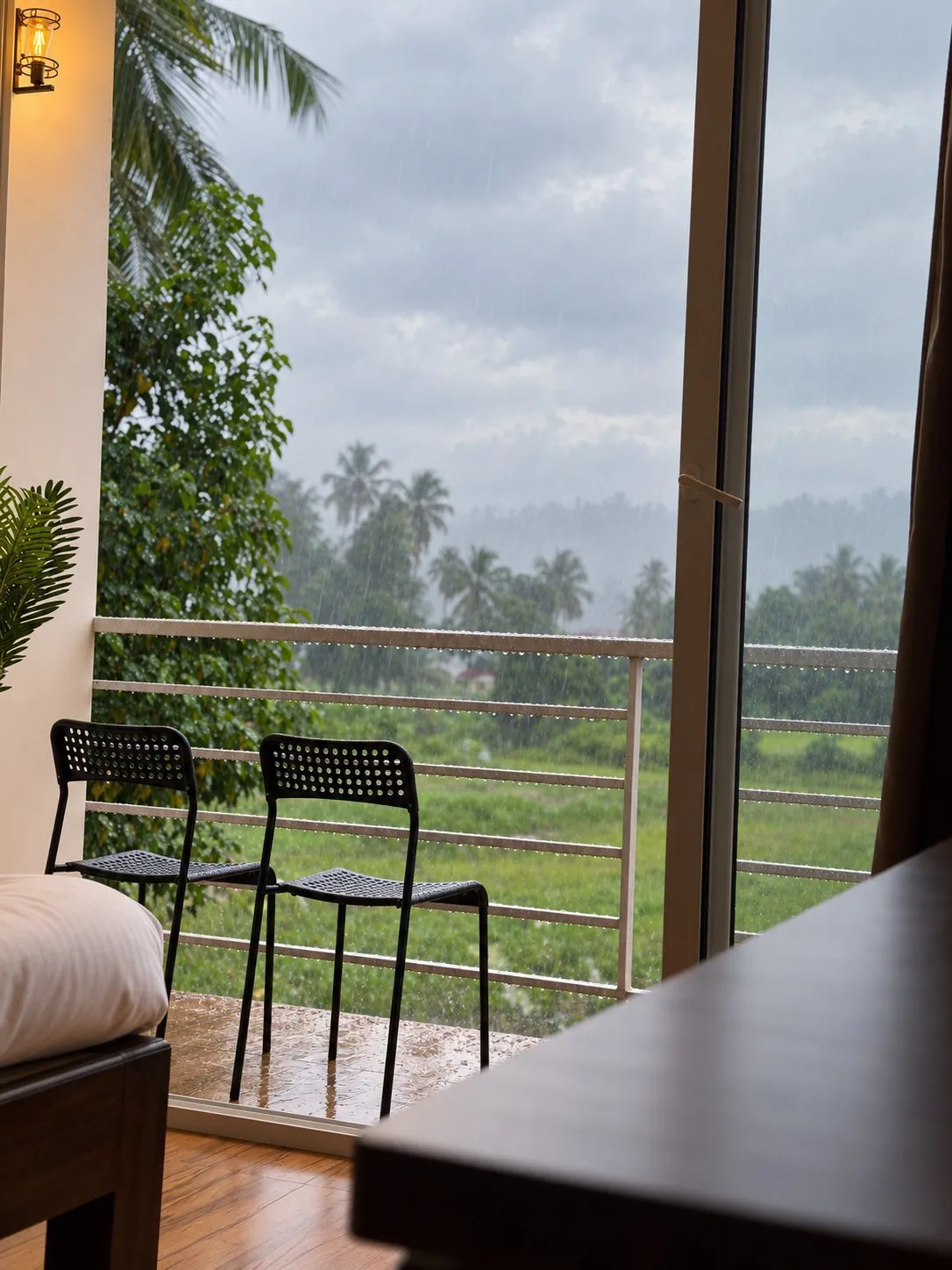 Misty palms and green fields in the monsoon rain, from Rivara's balcony in Siolim