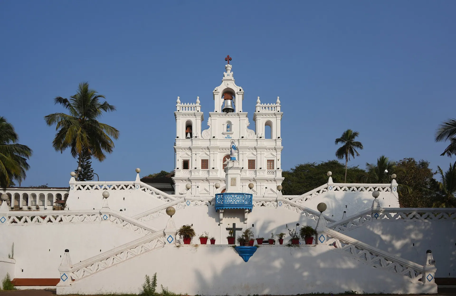 The white Church of Our Lady of the Immaculate Conception above its zigzag staircase, Panjim